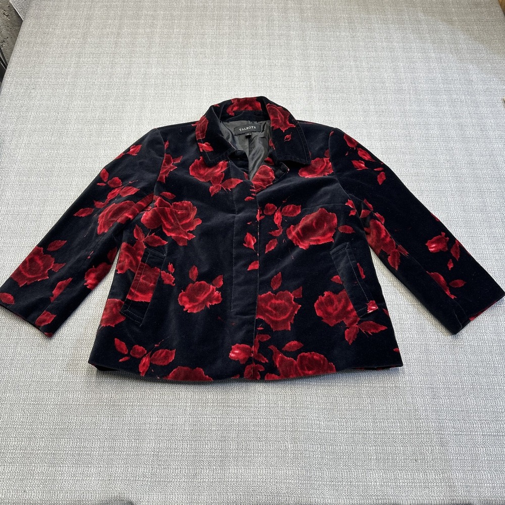 Talbots Velvet Rose Print Blazer Jacket Black Red Floral Size 2 Holiday‎ Chic